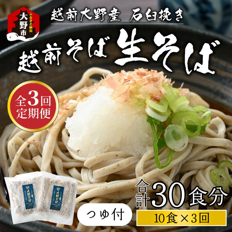 【ふるさと納税】【3ヶ月定期便】越前大野産 石臼挽き 越前そば 生そば10食 × 3回 計30食（つゆ付）[C-018002]| そば 生蕎麦 蕎麦 在来種 おろしそば かけそば 年越しそば 年越し蕎麦 名水 石臼挽き 自家製麺 冷蔵配送 香り のどごし 国産 福井 内田製麺所 送料無料