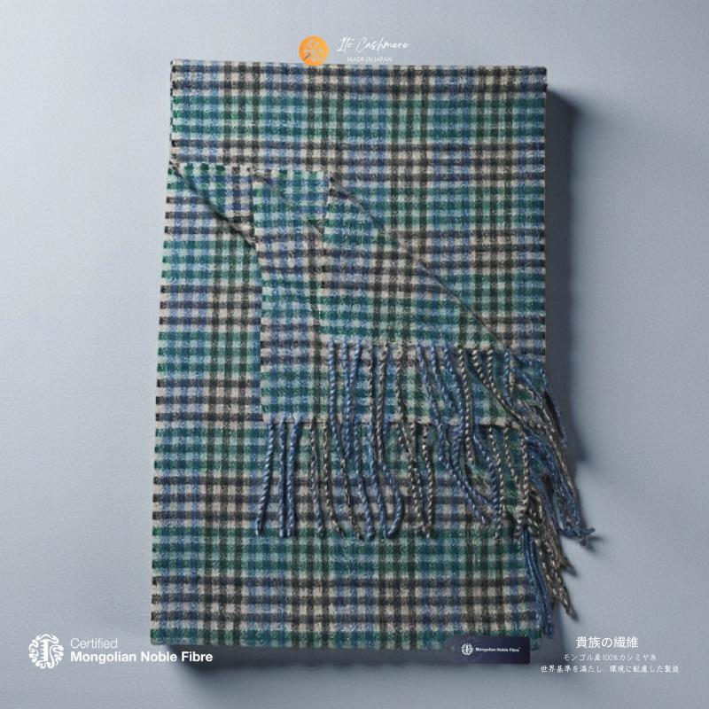 『Noble Fibre』100％カシミヤ・マフラー グリーン＆チェック フリンジ付き【高級 カシミア おしゃれ ファッション 防寒 かしみあ】 G3562