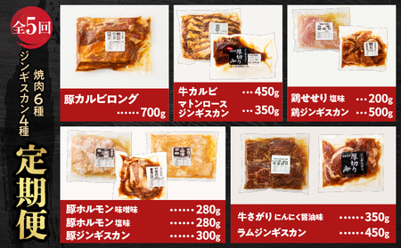 【全5回定期便】焼肉6種セット＋ジンギスカン4種セット T025-T01 焼肉 焼き肉 ジンギスカン 肉 牛 豚 鶏 羊 ラム マトン ロース 味付き サガリ カルビ せせり ホルモン 塩 味噌 たれ