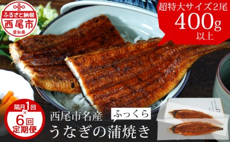 【定期便】三河産うなぎ「超特大蒲焼き2尾(合計400～420g)」×6回(隔月1回　1年間)・A133-102