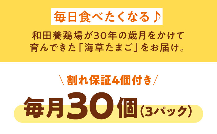 【全3回定期便】平飼い 海草たまご 3パック（30個入り）割れ保証あり 愛媛県大洲市/和田養鶏場 卵 たまご 鶏卵 卵料理 玉子 [AGDQ005]