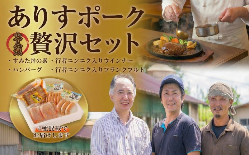 
            ありすポーク贅沢4種セット ハンバーグ 行者ニンニクウインナー 行者にんにくフランクフルト 豚丼 豪華4種セット 冷凍 おかず 小分け タンパク質 朝食 ポーク poke ソーセージ お肉 セット 小分け ブランド 肉 にんにく ぶた 惣菜 岩手県 大船渡市
          