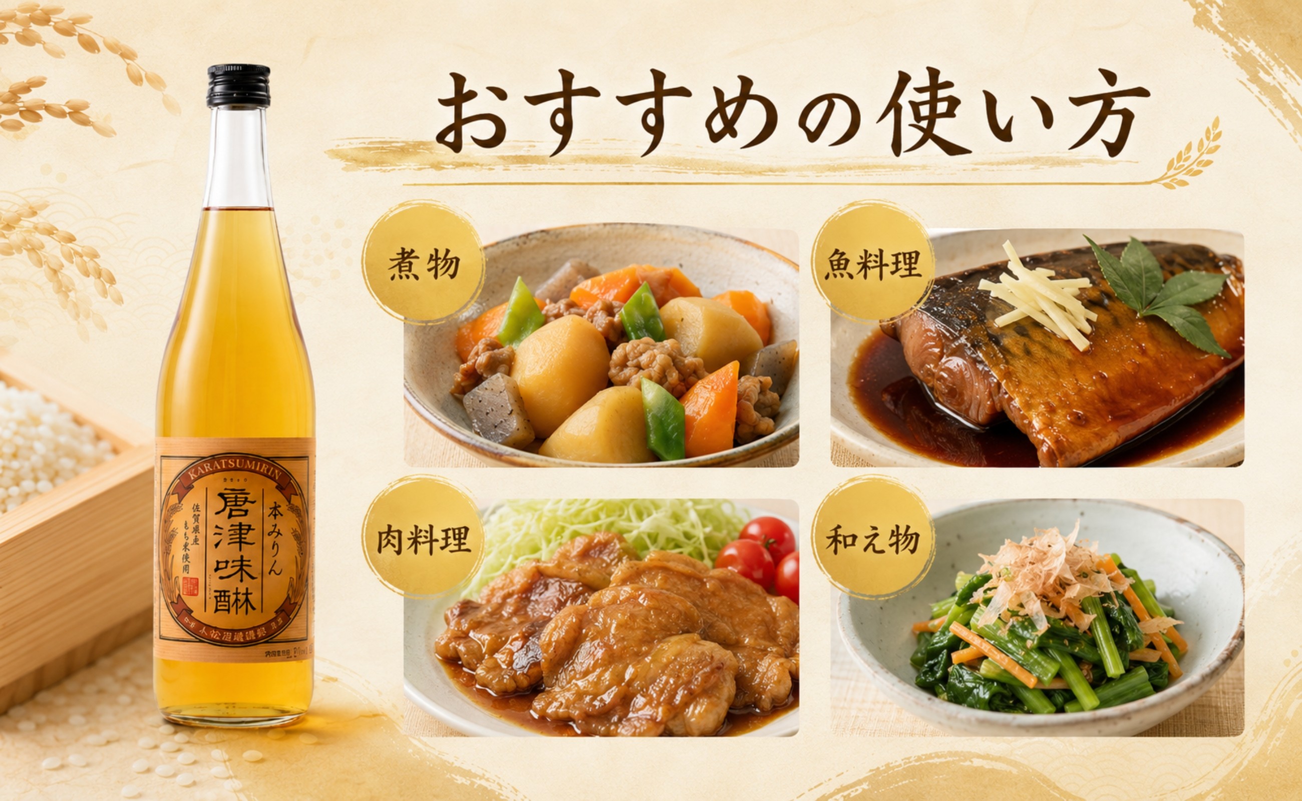 煮物、魚料理、肉料理、和え物に使える料理用本みりん唐津味醂。