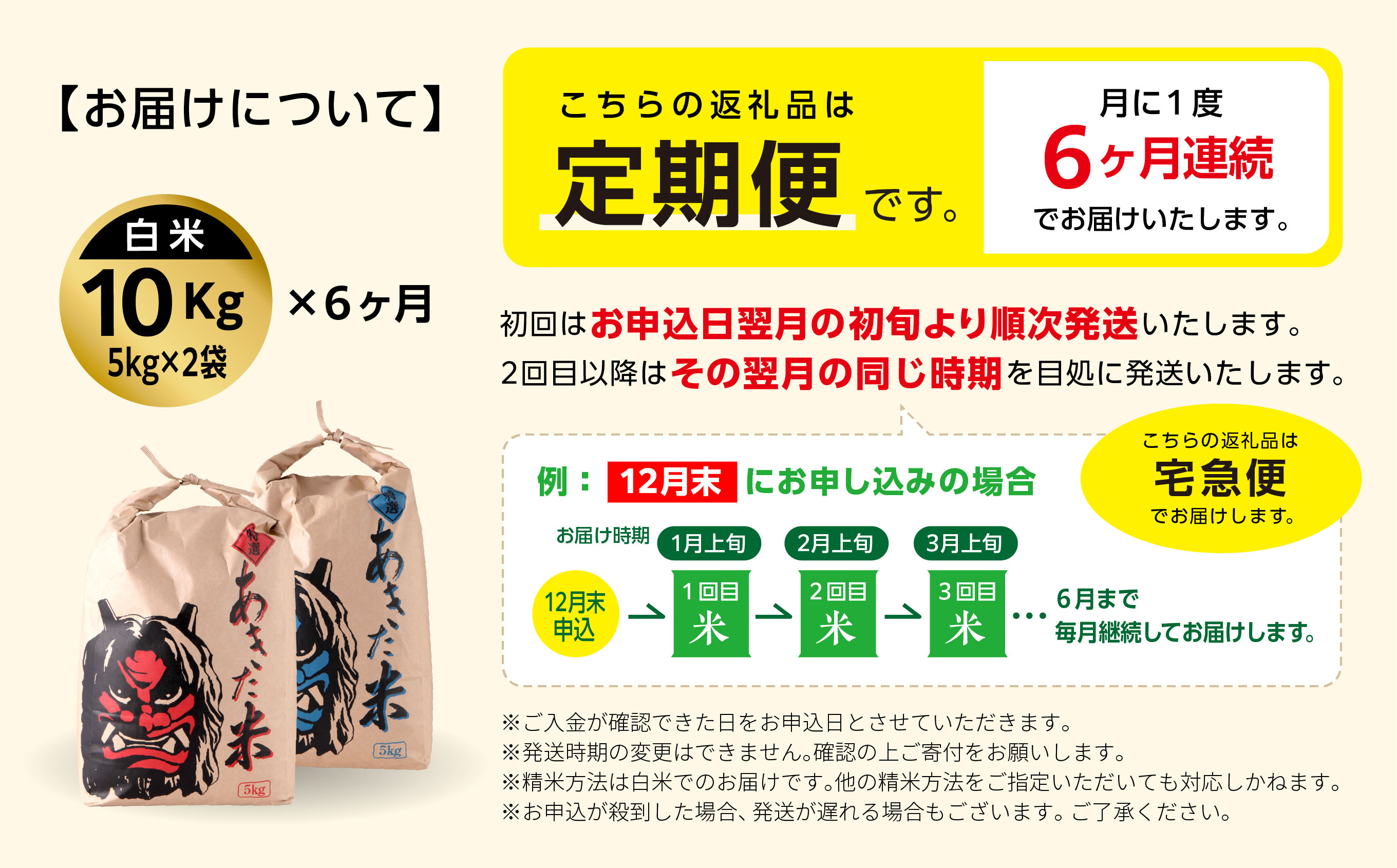 《先行予約》【6ヶ月定期便】 定期便 秋田県産 新米 あきたこまち 6か月 10kg 5kg × 2袋 精米 直送 米 お米 こめ おこめ コメ ブランド米 産地直送 贈り物 プレゼント おいしい 秋