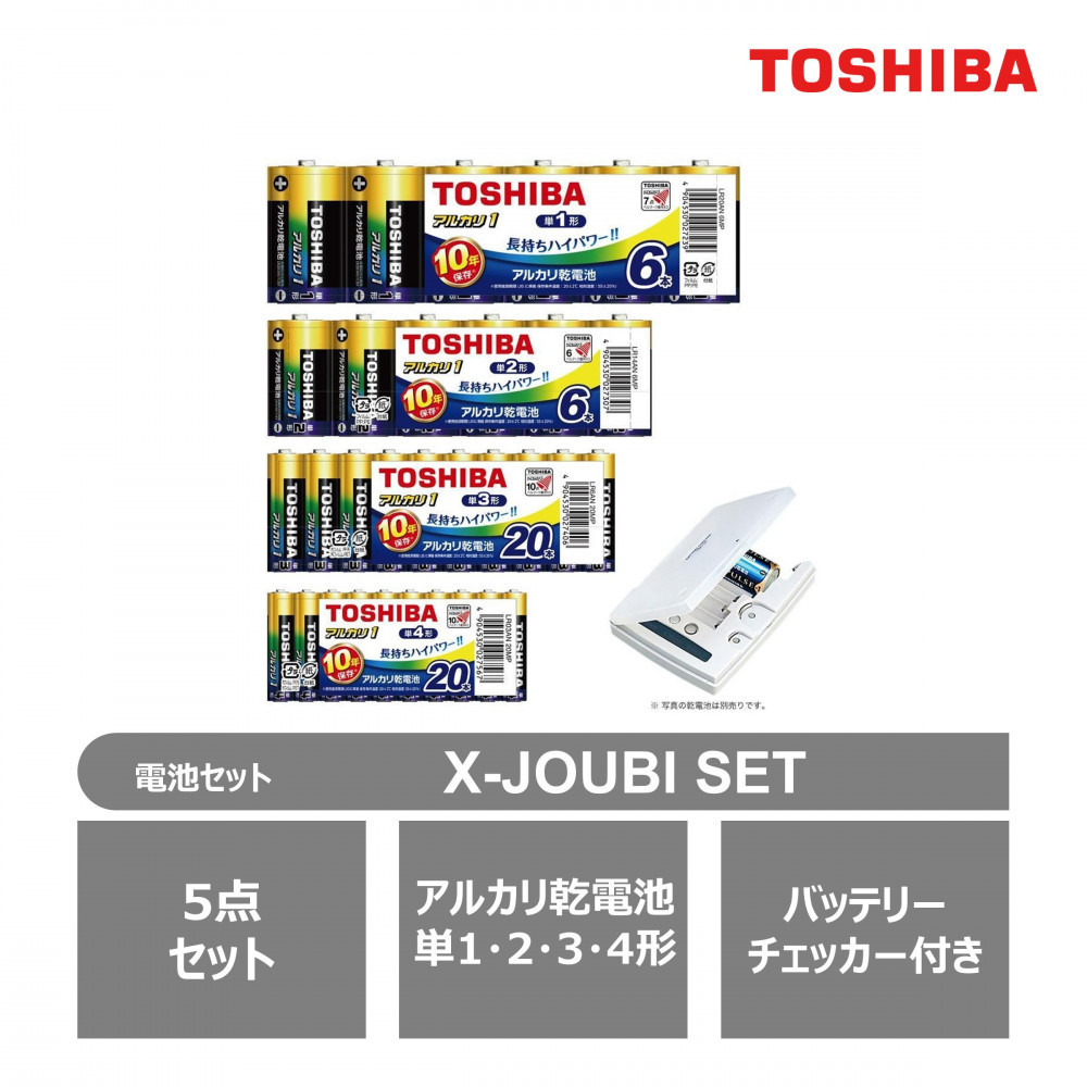 東芝 アルカリ乾電池 5点セット 単1・2・3・4形 X-JOUBI SET バッテリーチェッカー付 長持ち 使用推奨期限 10年 災害 アウトドア 防災グッズ 防災用品 備蓄 乾電池 電池 ロングセラー 家電 定番 おすすめ 人気 TOSHIBA 神奈川県 川崎市 141305_KV31