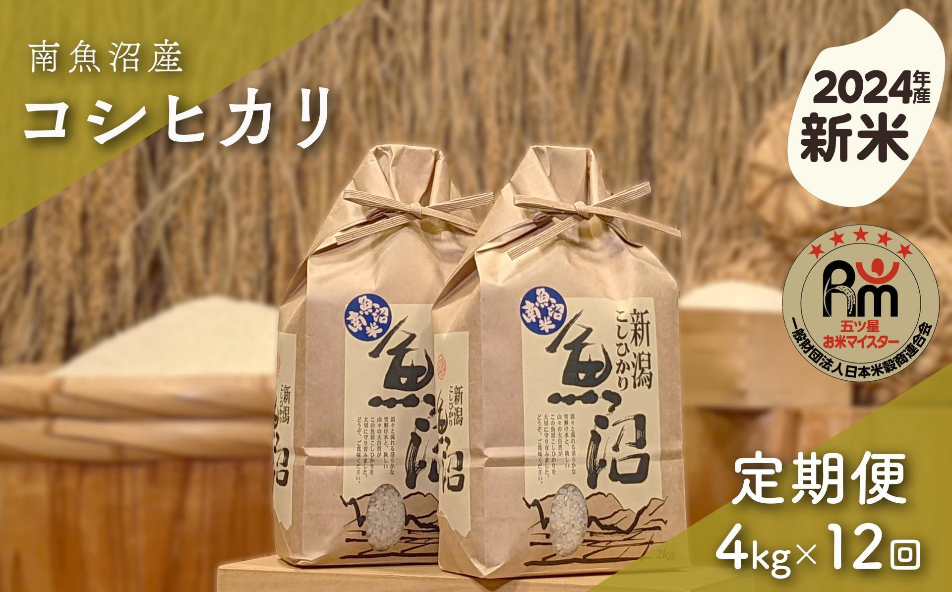 
【新米】令和６年産「五つ星お米マイスター」の南魚沼産コシヒカリ　精米４kg（２kg×２個）×12回（毎月定期便）
