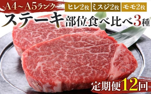 【定期便全12回】博多和牛【A4～A5】ステーキ部位食べ比べ3種（ヒレ150g×2枚、ミスジ100ｇ×2枚、モモ100ｇ×2枚）計700ｇ