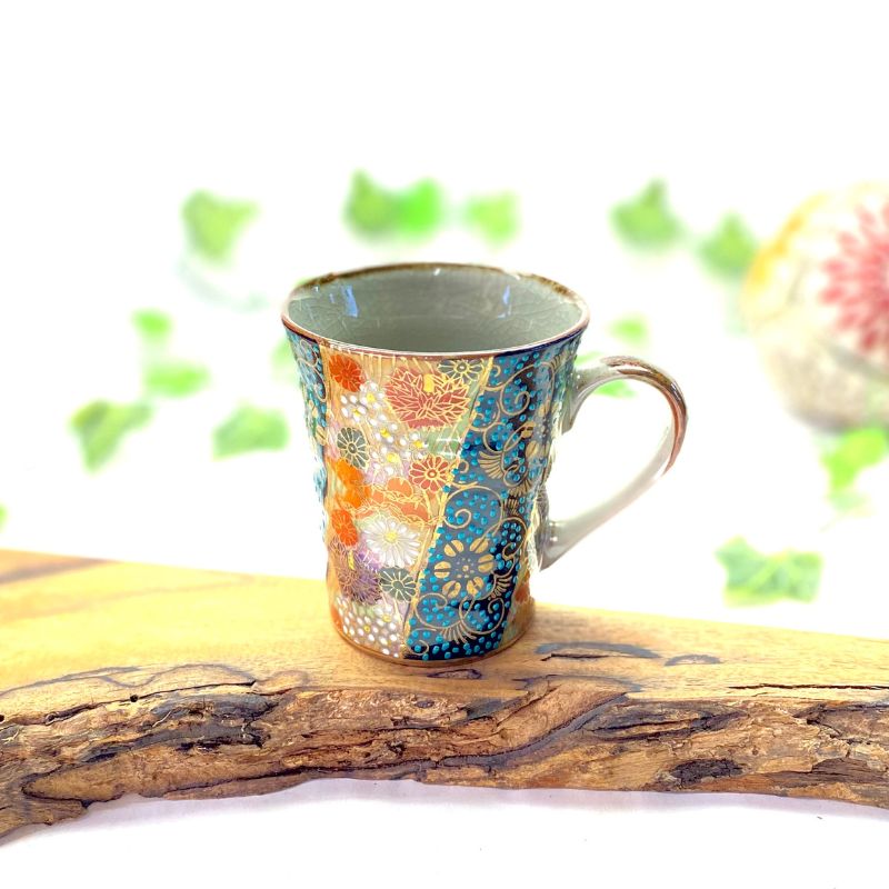 百華園 九谷 マグカップ 青粒＋金花詰(傑作) 裏絵 | 九谷焼 カップ マグカップ 食器 ティータイム 