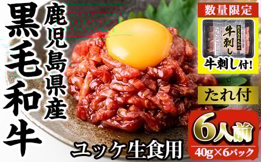 i382-om ＜数量限定・牛刺し付＞鹿児島県産黒毛和牛ユッケ6人前(40g×6P・計240g) 肉 牛肉 黒毛和牛 国産 鹿児島県産 ユッケ 生食 旨み 牛刺し 牛サシ 数量限定 【カミチク】