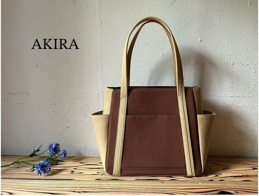 【AKIRAオリジナル】 中型レディストートバッグ ダブルポケット ダークブラウン帆布×ベージュ
