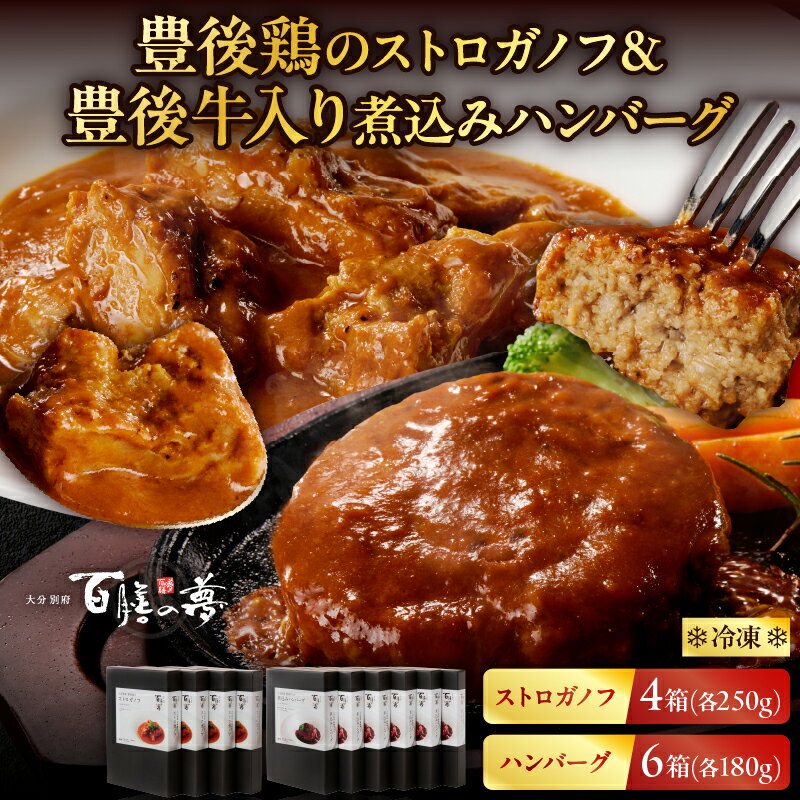 【ふるさと納税】百膳の夢 豊後鶏 ストロガノフ 豊後牛入り 煮込み ハンバーグ ギフト ロシア料理 洋食 簡単調理 湯煎 温めるだけ おかず おつまみ 夜食 晩ご飯 レトルト お取り寄せ グルメ 詰め合わせ おすそ分け 贈り物 プレゼント 国産 別府市 大分県 送料無料