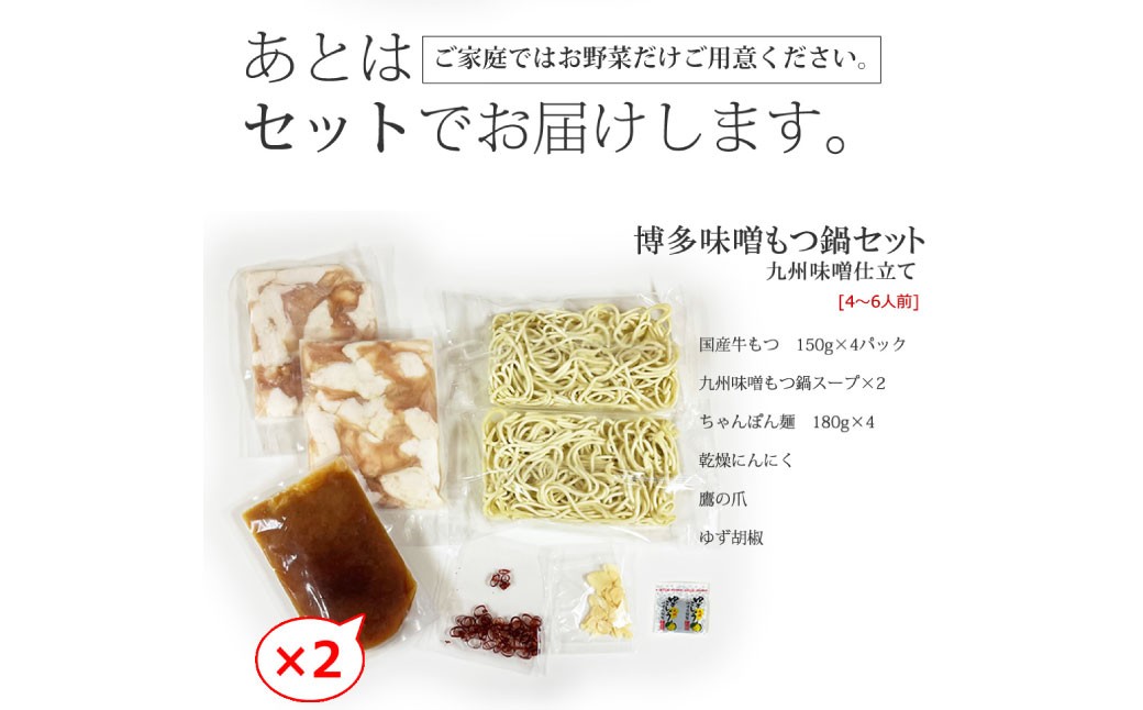 博多もつ鍋セット（九州味噌仕立て） 4～6人前 国産牛もつ600g