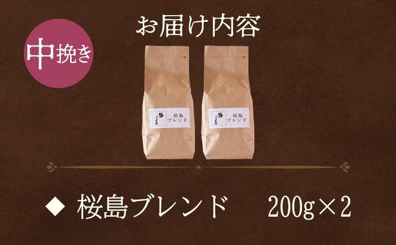 【冷蔵】＜【中挽き】ブレンドコーヒー 桜島ブレンド 2袋＞coffee 珈琲 朝 プレゼント 贈り物 2種 ホット 豆 細挽き 中挽き 粗挽き お好み ドリップ お茶の時間 休憩 カフェイン 袋 お家