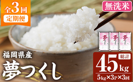 ≪令和7年産新米≫【3回定期便・無洗米】【食味鑑定士厳選】福岡県産 夢つくし(総計45kg・5kg×3袋×3回) 米 無洗米 お米 おこめ ごはん ゆめつくし ご飯 常温 福岡県産 ブランド米 定期便 定期 頒布会 常温 常温保存 【ファインリョーコク】as34-022