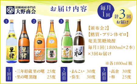 【 頒布会 (2)】【 糖質 ・ プリン体 ゼロ 】 奄美 黒糖焼酎 毎月 1回 （ 1800ml × 2本 ）× 3回 お届け A002-T04 焼酎 奄美黒糖焼酎 酒 アルコール お酒 黒糖 地酒