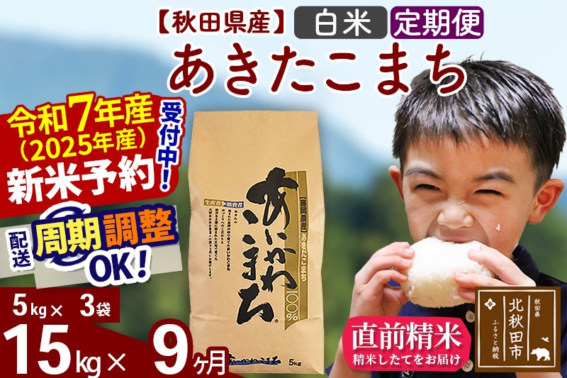 ※令和7年産 新米予約※《定期便9ヶ月》秋田県産 あきたこまち 15kg【白米】(5kg小分け袋) 2025年産 お届け周期調整可能 隔月に調整OK お米 藤岡農産|foap-10709