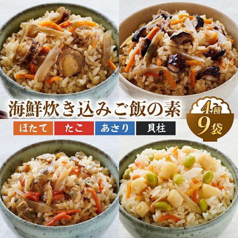 【ふるさと納税】 海鮮具材 炊き込みご飯の素 9品セット 海鮮 水産物 あさり ホタテ 帆立 タコ 海産物 お手軽 真空 伊勢市 ご飯 炊き込みご飯 伊勢志摩 炊き込みごはん 食べ物 ギフト 贈り物 冷凍 冷凍食品 個包装 三水フーズ 三重 伊勢 (648)