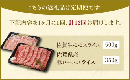 【全12回定期便】すき焼き・しゃぶしゃぶ 大満喫セット（佐賀牛 モモスライス 500g・豚 ロース スライス 350g） HAA068