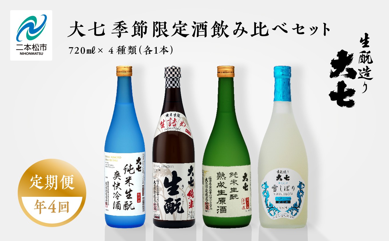 
            【定期便】年4回届く！大七酒造の季節限定酒飲み比べセット（720ml×4本） 大七酒造 日本酒 定期便 にごり酒 爽快冷酒 生詰め 熟成生原酒 限定酒 純米生もと 酒造 酒蔵 さけ おすすめ お中元 お歳暮 ギフト 二本松市 ふくしま 福島県 送料無料【大七酒造株式会社】
          