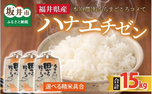 【先行予約】【令和8年産・新米】 ハナエチゼン15kg(5kg×3袋) ～本原農園からまごころコメて～（玄米）【2026年9月上旬以降順次発送予定】 [C-8964_02]