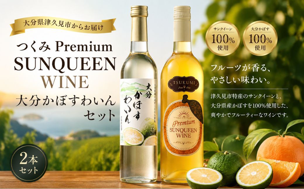 
                  【数量限定】つくみ Premium SUNQUEEN WINEと大分かぼすわいんセット | フルーツワイン お酒 アルコール 果物 くだもの 柑橘 かんきつ 特産品 九州 大分県 津久見市
                