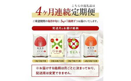 1393T04　【定期便】 無洗米 4銘柄(はえぬき つや姫 雪若丸 ひとめぼれ)食べ比べセット 各5kg 4ヶ月連続 計20kg(4月～7月)