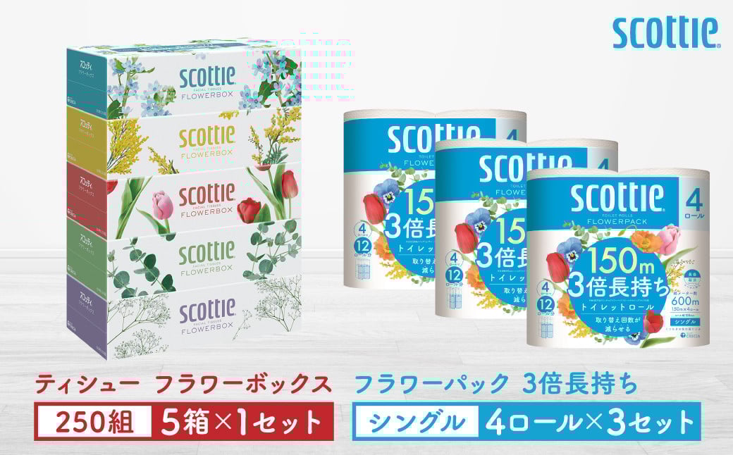 
            【スコッティ】ティシュー フラワーボックス 250組（5箱パック×1セット）＋フラワーパック 3倍長持ち（4ロール(シングル)パック×3セット）ティッシュ トイレットペーパー 日用品
          