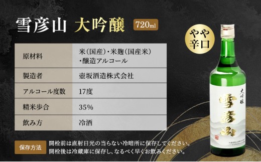 日本酒 大吟醸 雪彦山 720ml 四合瓶 壺坂酒造 辛口 山田錦 冷酒 IWC 金賞 受賞酒 地酒 清酒 お酒 ギフト プレゼント お歳暮 家飲み 晩酌 兵庫県 姫路市