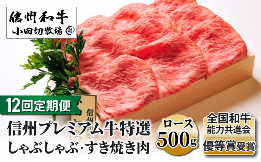 【１２回定期便】小田切牧場信州プレミアム牛特選　しゃぶしゃぶ・すき焼き肉　ロース500ｇ
