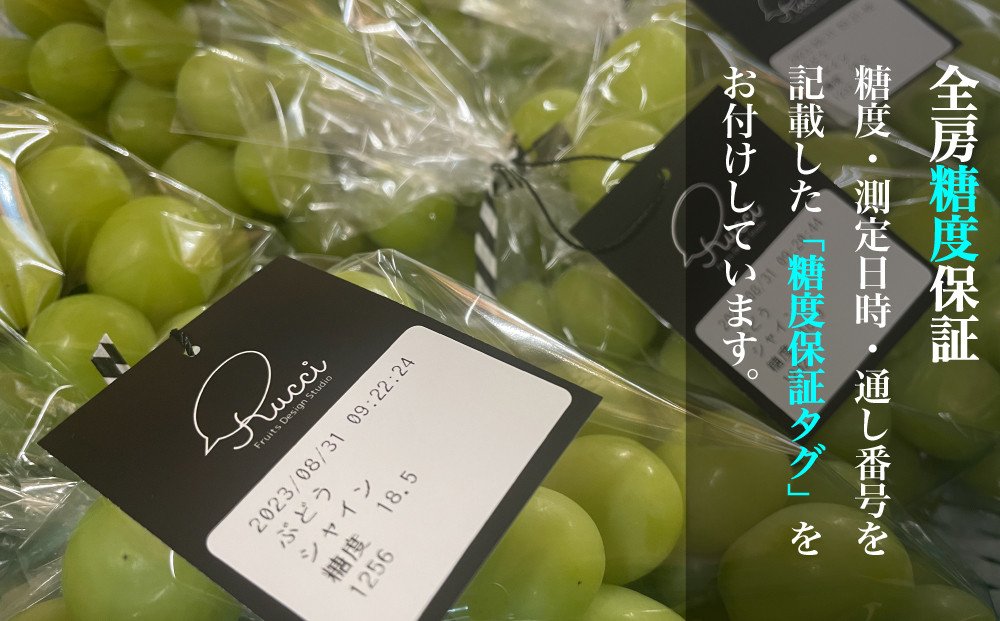 お客様とのお約束を果たす証に、責任と自信があるからこそ「糖度保証タグ」を全てのシャインマスカットにつけさせていただいています。