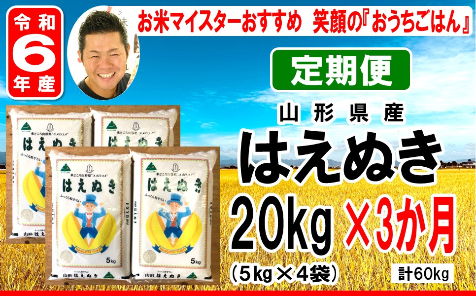 
            《 新米 》【 3ヶ月定期便 / 令和6年産 新米 】 はえぬき 計 20kg /月 ( 5kg × 4袋 ) 2024年産
          