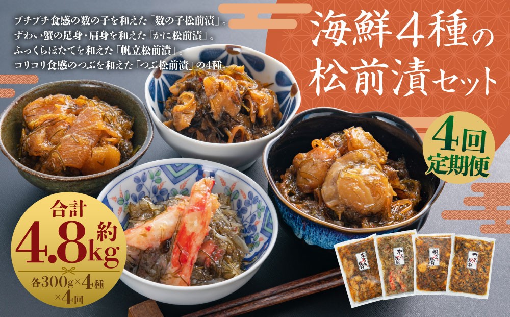 
                  [定期1ヶ月毎4回] 海鮮4種の松前漬セット 約1.2kg （数の子 ・ かに ・ 帆立 ・ つぶ） 4回 4種類 松前漬け 松前漬 魚卵 カニ 蟹 ほたて ホタテ つぶ貝 貝 海の幸 小分け セット 定期便 北海道 小樽市 冷凍 送料無料
                