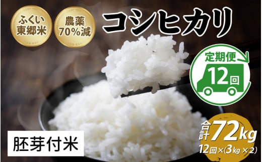 【定期便12ヶ月連続】令和6年産 ふくい東郷米 特別栽培米　農薬70％減コシヒカリ 6kg(3kg×2袋)×12ヶ月 合計72kg【胚芽付米】[O-020025_03]