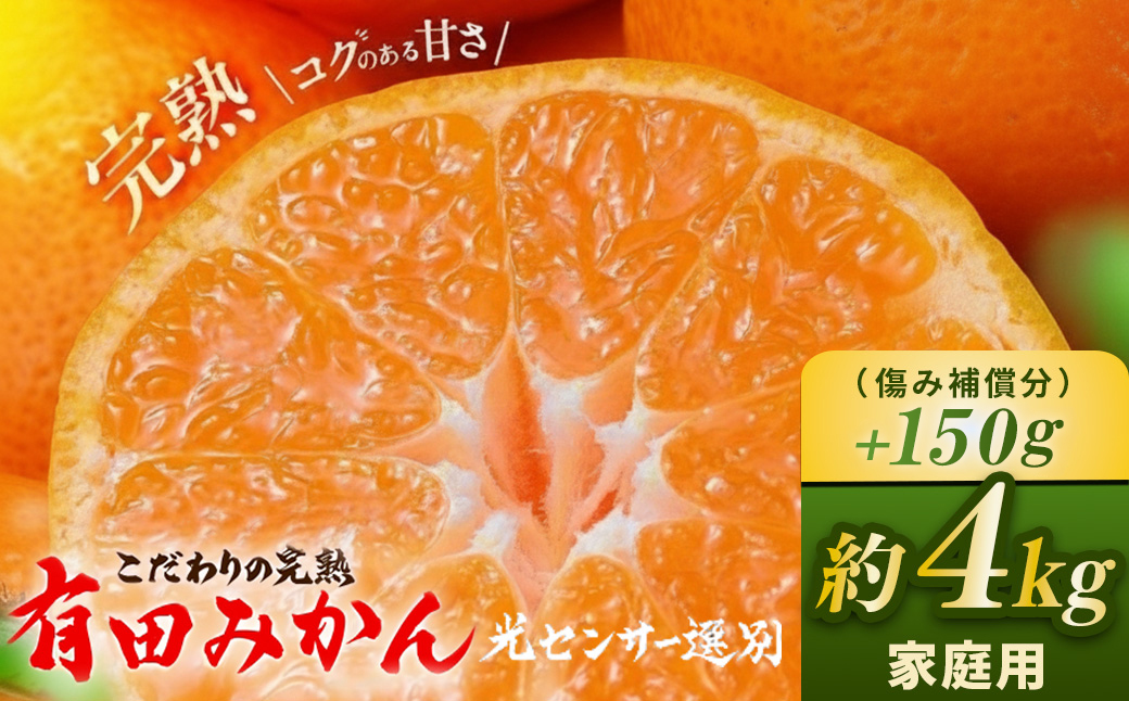 ＼光センサー選別／こだわりの完熟有田みかん 4kg＋150g(傷み補償分) 【ご家庭用】サイズ混合 有機質肥料100%｜ みかん 有田みかん 温州みかん ミカン 温州ミカン 柑橘 温州 甘い コク 産地直送