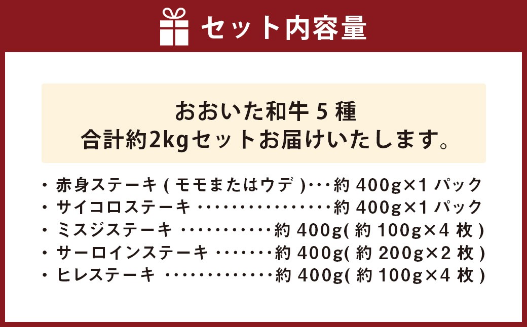 おおいた和牛（赤身・サイコロ・ミスジ・サーロイン・ヒレ） 各約400g 計約2kg