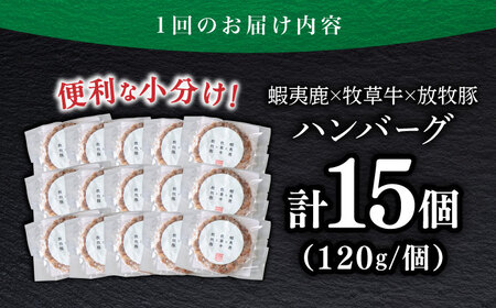 【全6回定期便】【蝦夷鹿×牧草牛×放牧豚】ハンバーグ 15個  鹿肉 牛肉 豚肉 小分け 冷凍 北海道 [AXBP036]