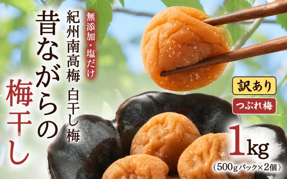 
                  【訳あり】無添加 塩だけ 昔ながらの梅干し 南高梅 紀州梅香 完熟 白干し梅 つぶれ梅1kg（500gパック×2個）塩分20% 20-G 【baiko010】［KU14］
                