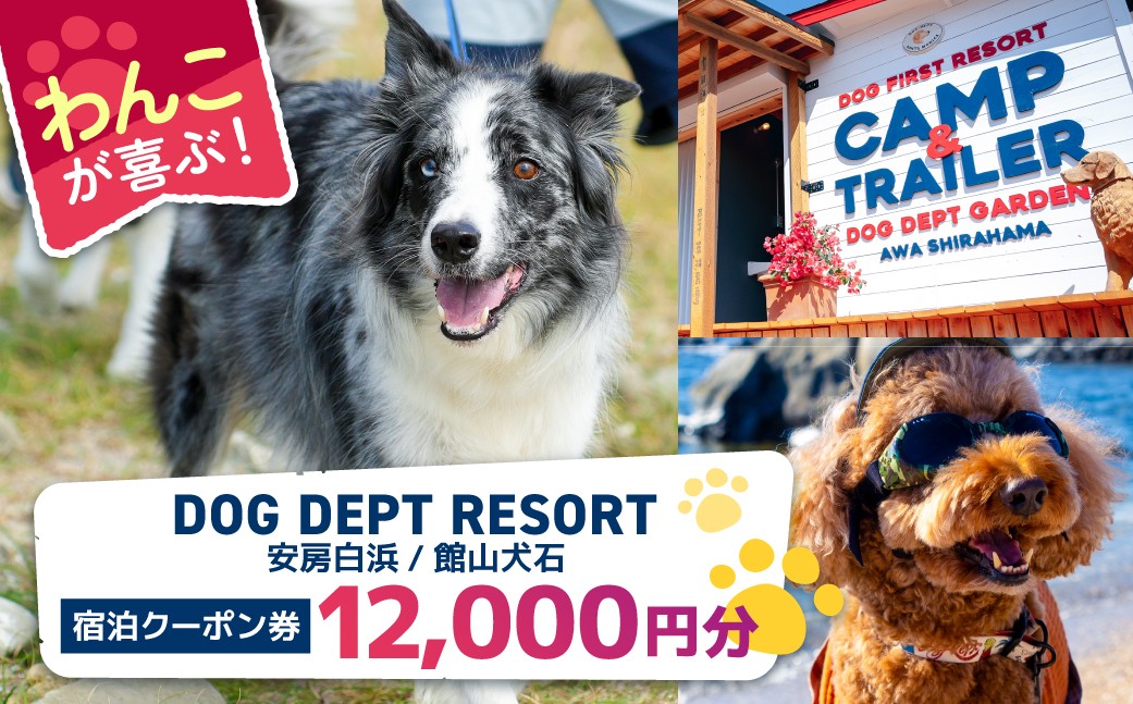 
            DOG DEPT RESORT 安房白浜/館山犬石 共通チケット 宿泊クーポン券（12,000円分） mi0111-0001-3【 犬と宿泊 愛犬 わんこ 愛犬旅行 ペット専用 ペット BBQ 旅行 チケット 宿泊 宿泊券 旅行券 ホテル 千葉 南房総市 】
          