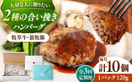 【全3回定期便】【牧草牛×放牧豚】ハンバーグ 10個《厚真町》【GOODGOOD株式会社】 ハンバーグ ギフト 牛肉 豚肉 ジビエ 小分け 冷凍配送 贈り物 プレゼント 北海道 [AXBP039]