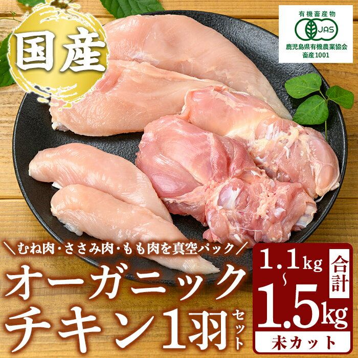 【ふるさと納税】国産！オーガニックチキン1羽セット 未カット (計1.1kg～1.5kg) 国産 鶏肉 鳥 もも モモ 胸肉 むね ムネ ささみ ササミ オーガニック 有機JAS認定 抗生物質不使用 ワクチン不使用 ワクチンフリー 無投薬飼育 冷凍 小分け【お多福たまご】
