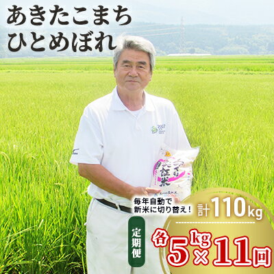 【ふるさと納税】米 定期便 全11回 秋田県産 あきたこまち ＆ ひとめぼれ 食べ比べ 10kg (各5kg)×11回 計110kg 令和7年産［2025年11月頃から出荷予定］土づくり実証米　お届け：初回発送は11月上旬頃となります。以降、毎月中旬頃11ヶ月連続でお届けします。
