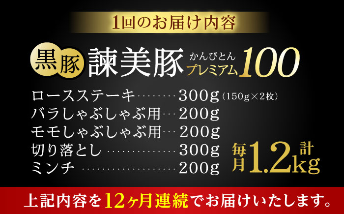 【12回定期便】＜特Aのブランド米で育てた＞黒豚諫美豚プレミアム100 5種セット 計1.2kg( ロースステーキ バラ モモ 切り落とし ひき肉 ) / 豚肉 ロース ステーキ 挽き肉 ミンチ / 