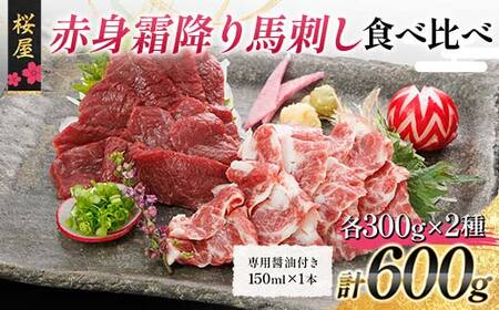 FKP9-665 【桜屋】赤身霜降り馬刺し食べ比べ（各300g） 計600g （専用醤油付き 150ml×1本） 馬 サクラ肉 さくら肉 桜肉 馬肉 肉 食品