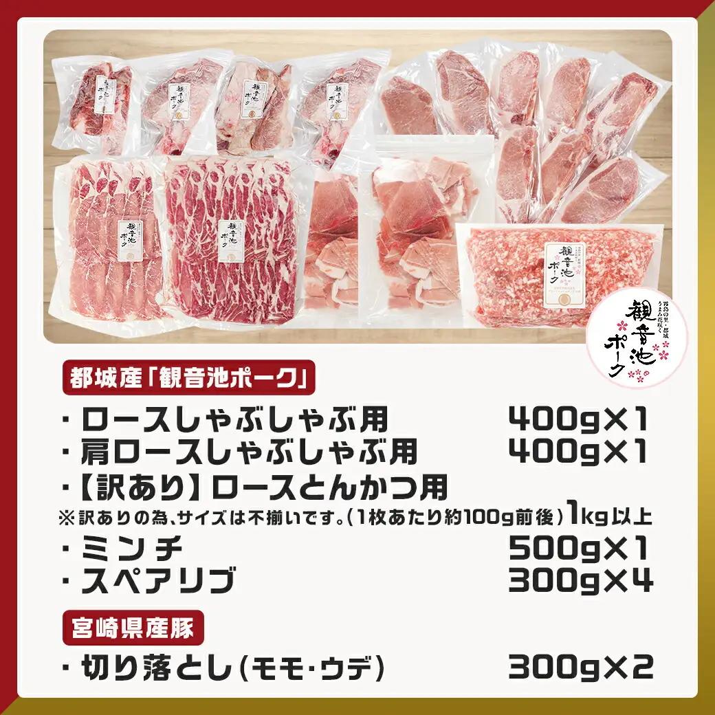 豚肉バラエティ6種4.1kgセット※訳あり入り〔AC-9218〕_(都城市) 都城産豚 観音池ポーク ロース・肩ロースしゃぶしゃぶ用/ミンチ/スペアリブ/【訳あり】ロースとんかつ用 訳あり 宮崎県産豚