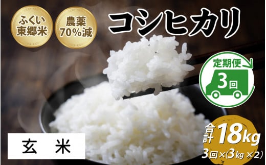 【先行予約】【定期便3ヶ月連続】令和7年産 ふくい東郷米 特別栽培米 農薬70％減 コシヒカリ 6kg(3kg×2袋)×3ヶ月 合計18kg【玄米】[D-020012_02]