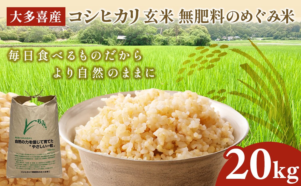 
                  W04701 令和７年産　大多喜産コシヒカリ　玄米２０㎏　無肥料のめぐみ米 ～毎日食べるものだから　自然の力を信じて育てた　"やさしい一粒"　を届けたい～
                