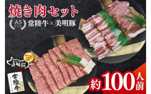 
                  常陸牛A5ランク・美明豚焼肉セット 合計約100人前！冷凍 国産牛 和牛 牛肉 豚肉 ブランド豚 食べ比べ 焼肉 BBQ バーベキュー お取り寄せ 老舗精肉店 肉の加治 茨城県 水戸市（EK-88）
                