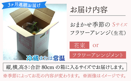 【定期便３回】おまかせ季節のフラワーアレンジ（生花）Ｓサイズ ×３ヶ月【母の日申込期日：4/26（日）まで】【母の日発送予定日：～5/11（月）まで】お好み、着日指定可能　[C-036001]
