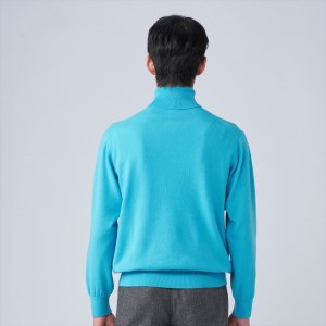 日本製 カシミヤ100% タートルネック ターコイズブルー Lサイズ [2659]