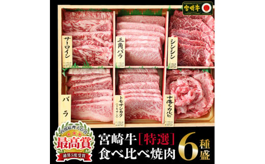 宮崎牛＜特選＞食べ比べ焼肉6種盛(合計600g) 牛肉 精肉 肉 ブランド和牛 お取り寄せ 国産 宮崎県【SG019】【株式会社SHINGAKI】